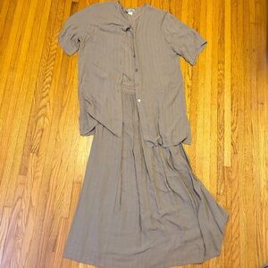Worlds Apart Linen Blend Boho 3 Piece Skirt Set Shirt Tank Skirt Taupe Womens L